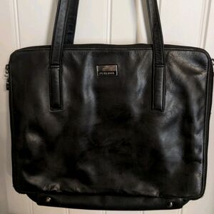 PERLINA New York Black Leather Briefcase 3 Compartment Shoulder Purse Bag 13x10